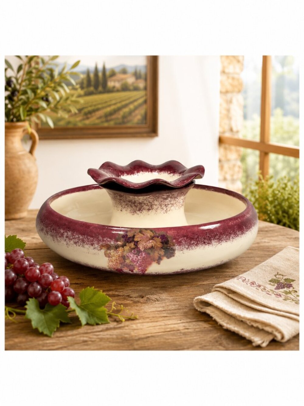 Vintage Grape Vine Chip & Dip Serving Bowl Set Burgundy Ceramic Dish